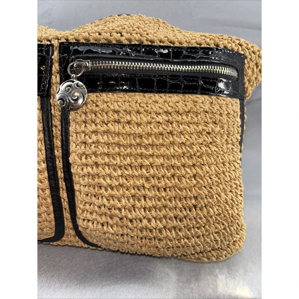 Brighton‎ Large Woven Straw Hobo Crossbody Zip Leather Trim Front Pockets EUC